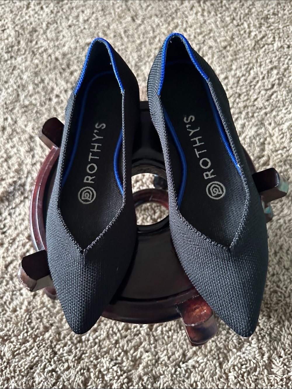 Rothy's Black Pointed Knit Flats with Blue Trim